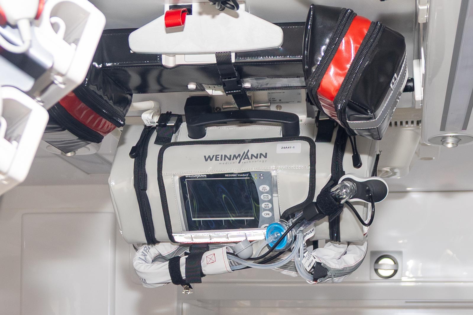 Medical ventilator and emergency equipment mounted inside a Deltamed ambulance