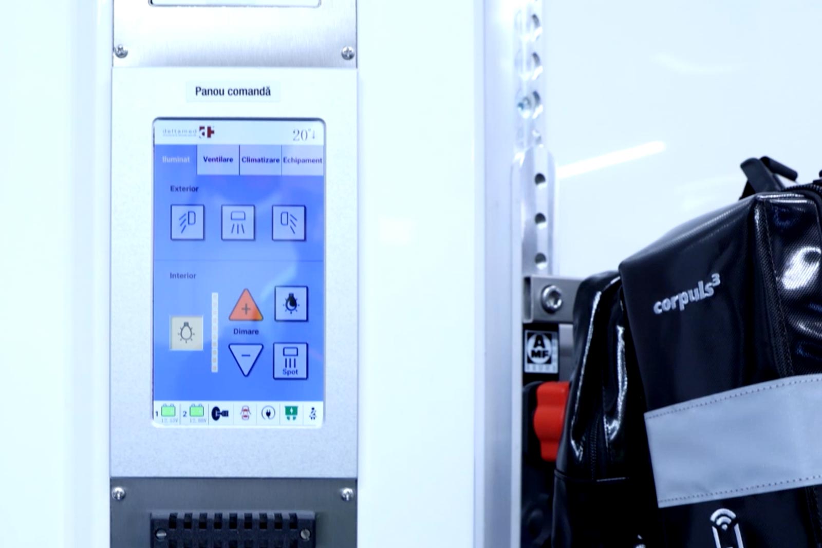 A touchscreen digital control panel managing emergency vehicle systems
