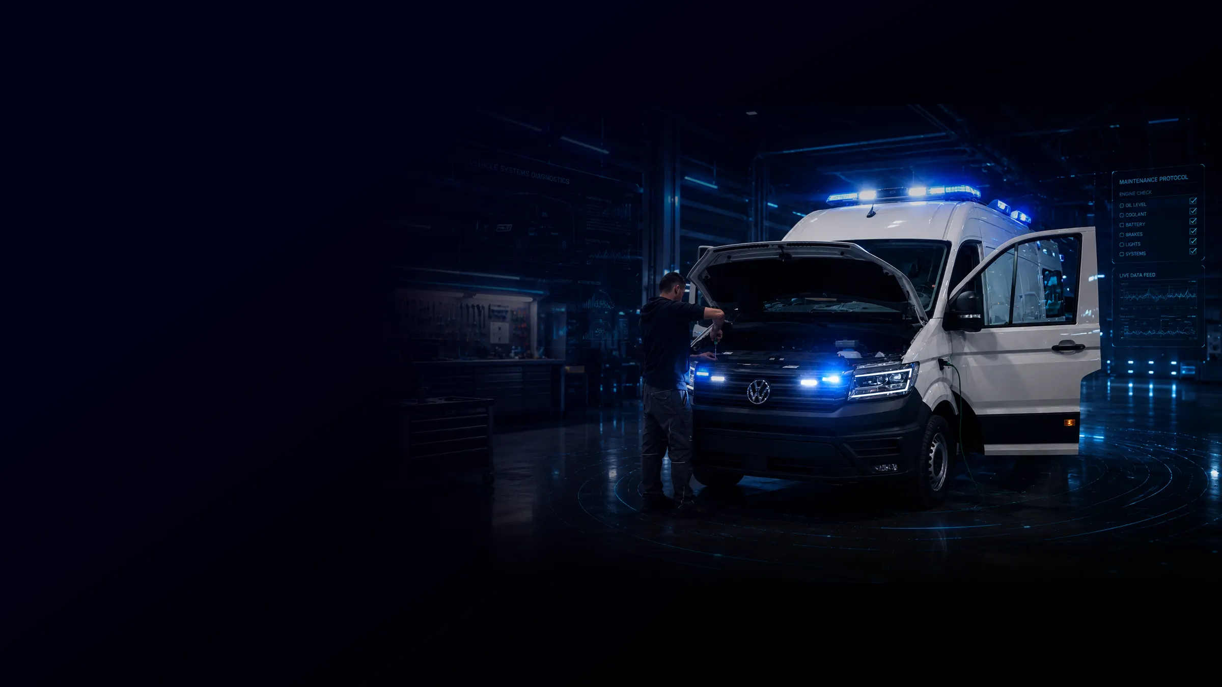 Deltamed engineer checking the engine bay of an ambulance in the workshop