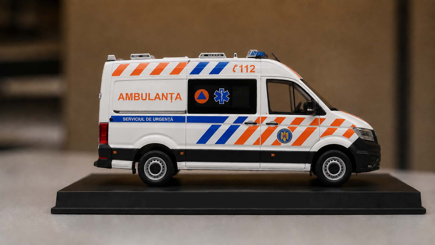 Type B ambulance scale model, left side view on display base